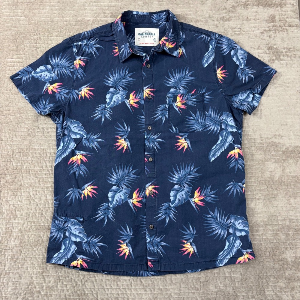 California Cowboy Mens XL High Water Tropical Bird of Paradise Shirt Navy Blue
